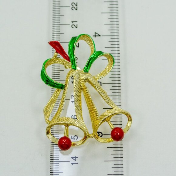Vintage Gerry's Christmas Jingle Bells Brooch Pin, Gold Tone with Enamel Holiday - Picture 4 of 5